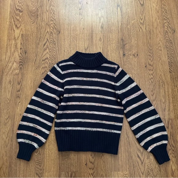 Madewell Blue Striped Balloon Knit Wool Blend Mock Neckline Sweater Size medium - Picture 4 of 10
